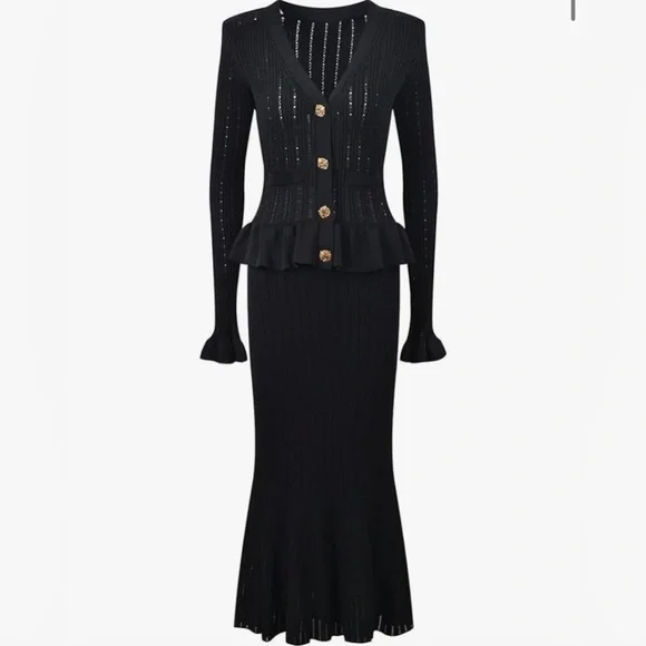 SOLD OUT 282. HIGH END Ruffled Knit Top and Flared Skirt Set in Black - Picture 1 of 3